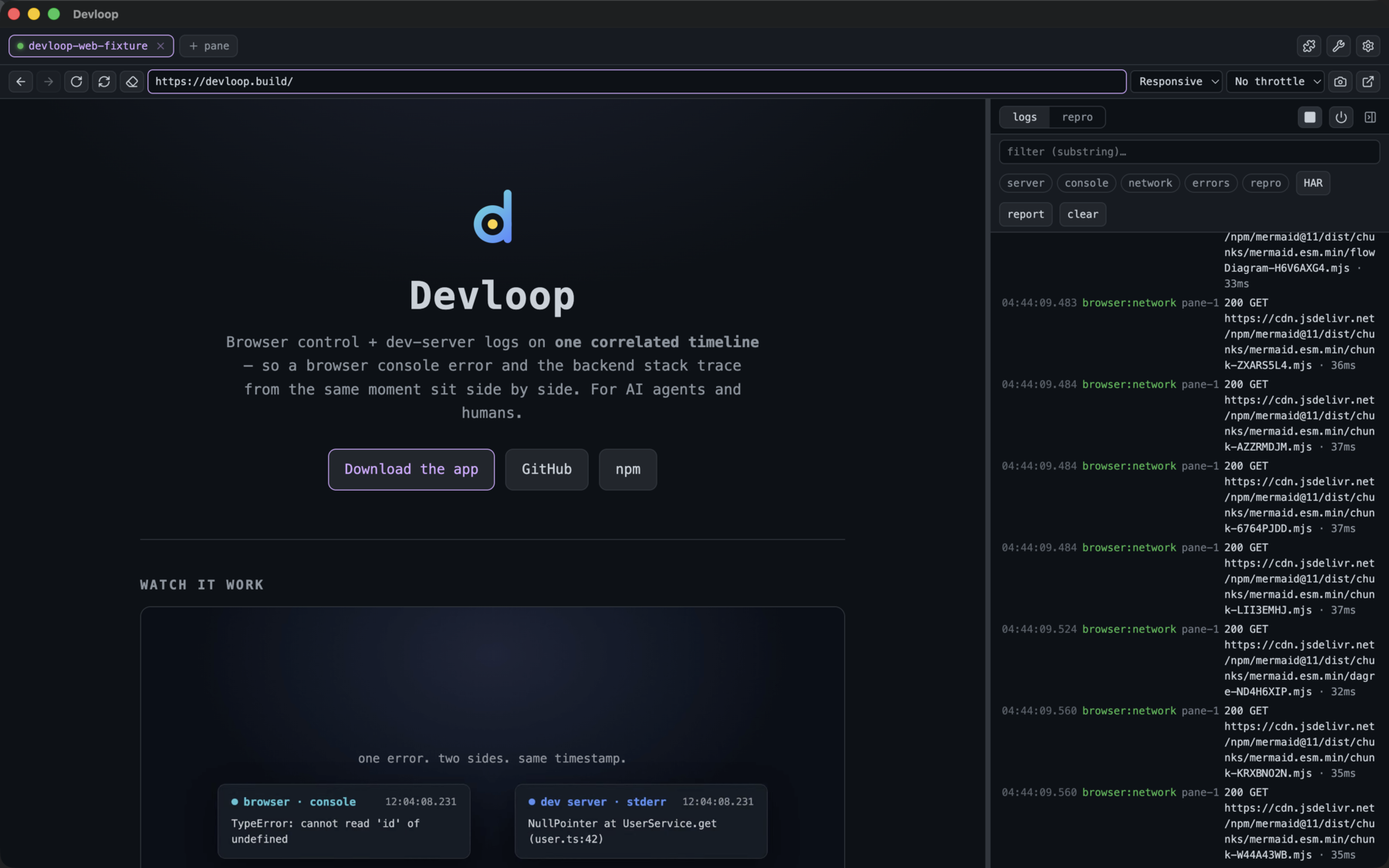 Devloop cockpit: a browser pane beside a unified, filterable timeline of correlated server and browser logs